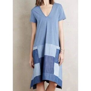Holding Horses Anthropologie Chambray Patched Patchwork Fall Dress S/M $128